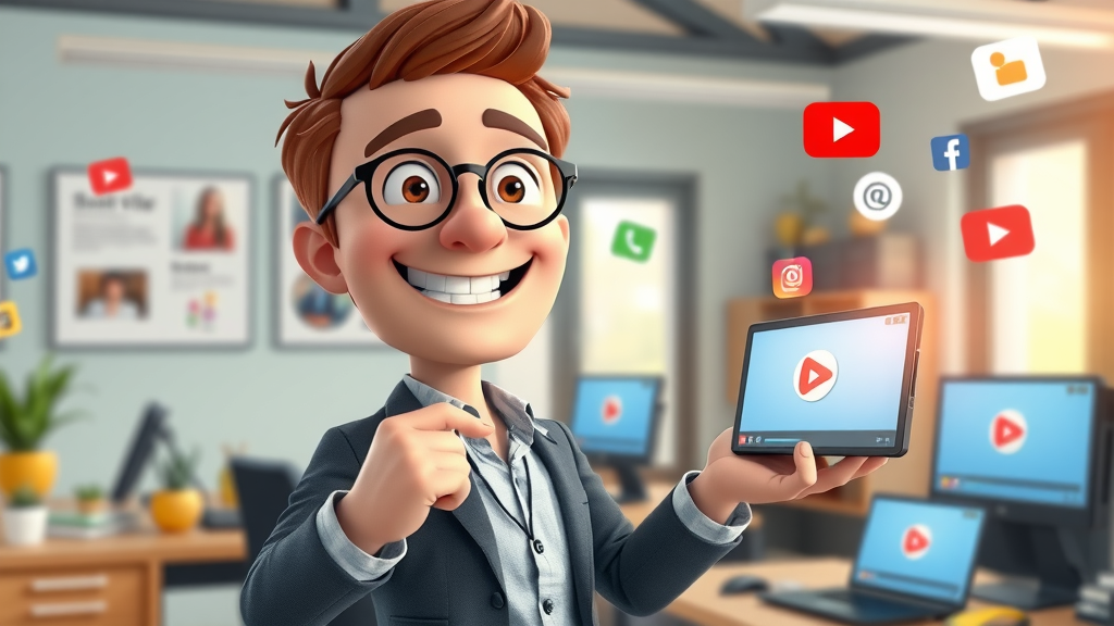 Animated marketer launching video ad in social media campaign, office filled with floating social icons