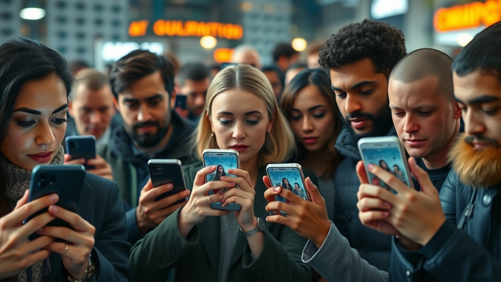 dynamic crowd of diverse people using smartphones, intensely focused expressions, swiping rapidly through short-form video content, youtube shorts hook, modern urban setting