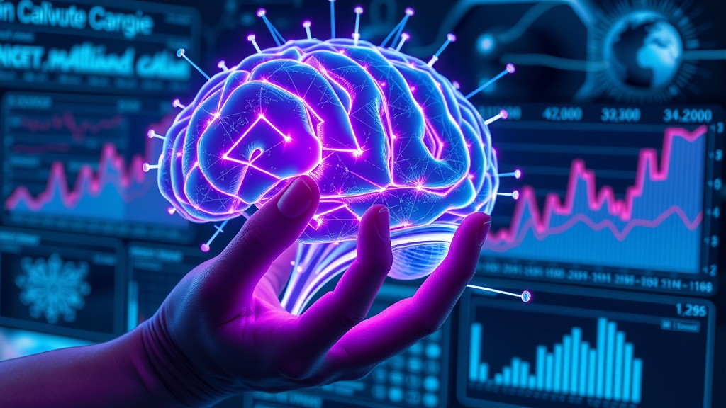 innovative AI brain with digital marketing dashboards, representing AI in data-driven marketing strategy