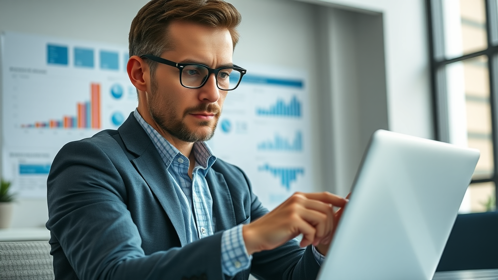 Business analyst reviewing qualified leads data for B2B lead generation on a laptop