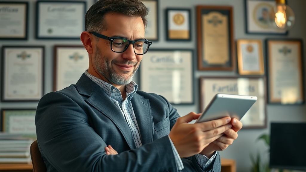 Business owner reading positive online brand mentions, harnessing unlinked citations for local backlinks