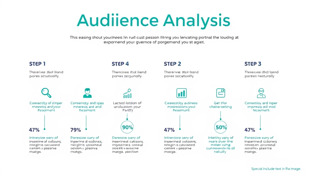 Professional infographic presenting steps of target audience analysis – clean corporate style, marketing icons, data points, blue and green palette