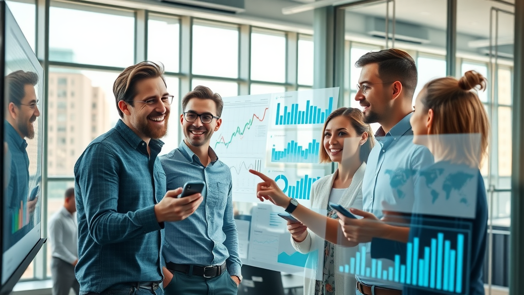 video marketing analytics team analyzing data dashboards in a digital office with city view