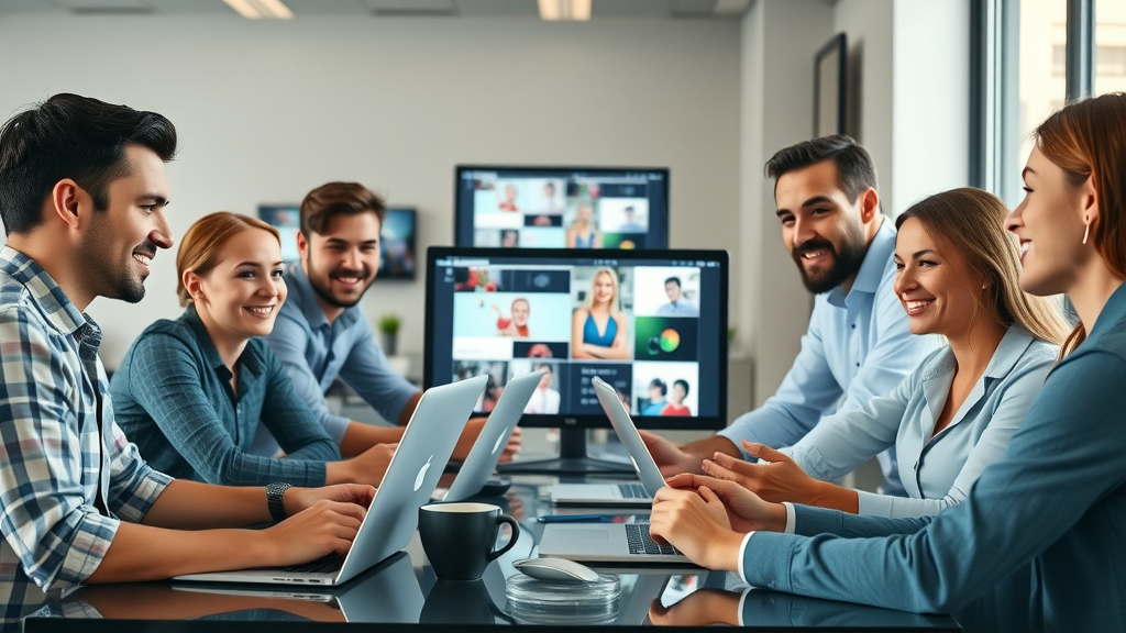 business team planning video advertising campaigns in a creative workspace with digital screens and laptops, brainstorming marketing video strategies
