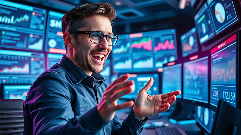 Social media specialist engaging with followers and monitoring lead generation analytics in a high-tech control room environment.