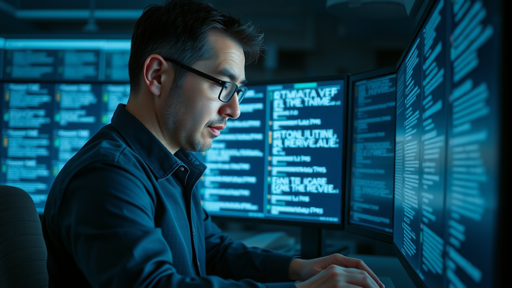 Analyst scanning digital customer reviews for fake review patterns on a large screen