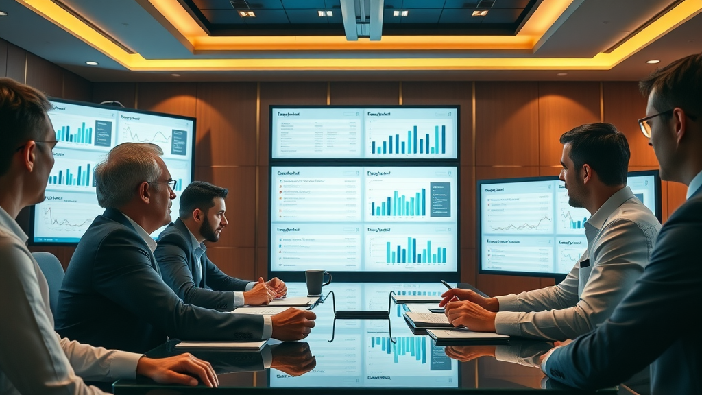 Engaged executives reviewing a comprehensive social media analytics report in a boardroom setting