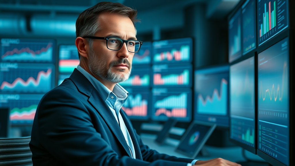 Business leader overseeing metrics in digital B2B lead generation funnel in a high-tech office