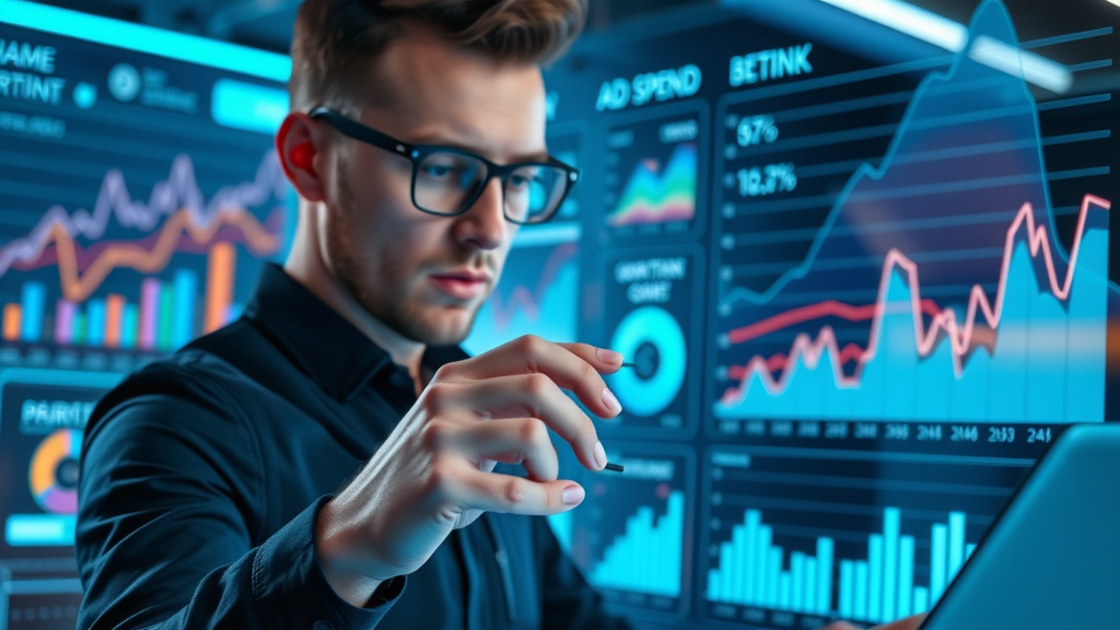 modern digital marketer adjusting ad spend sliders budget allocation for ads futuristic dashboard, digital ad spend graphs, advertising budget planning