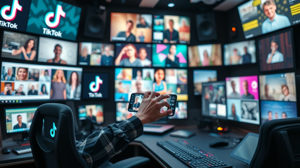 modern multi-platform social media interface with enthusiastic creator scrolling diverse content streams