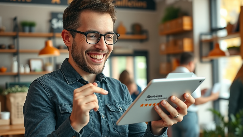 Small business owner celebrating positive online reputation and reviews, online reputation management