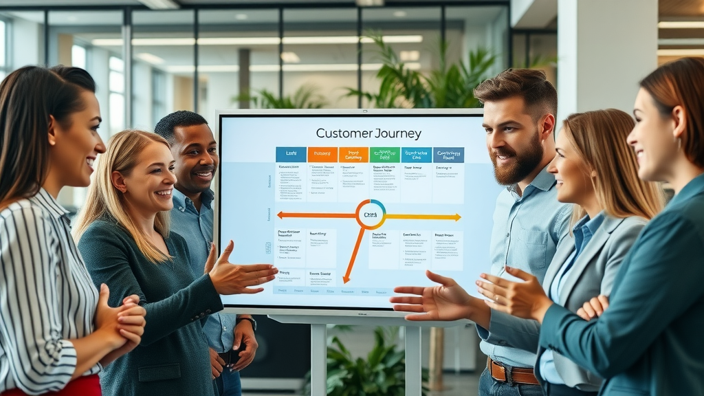 business team collaborating around a digital customer journey map with confident discussion - customer journey