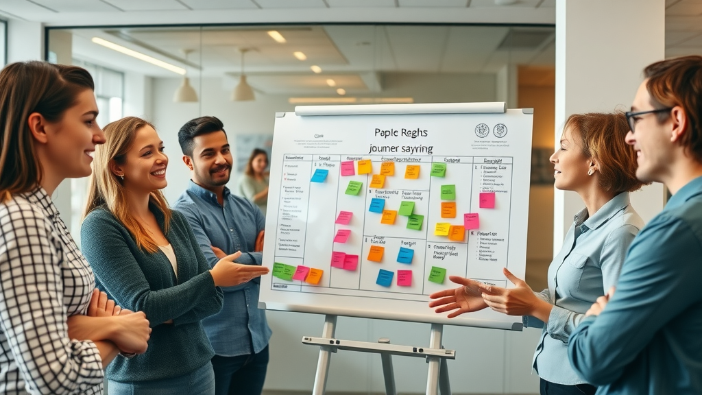 cross-functional business team reviewing colorful journey map for improvement - journey mapping