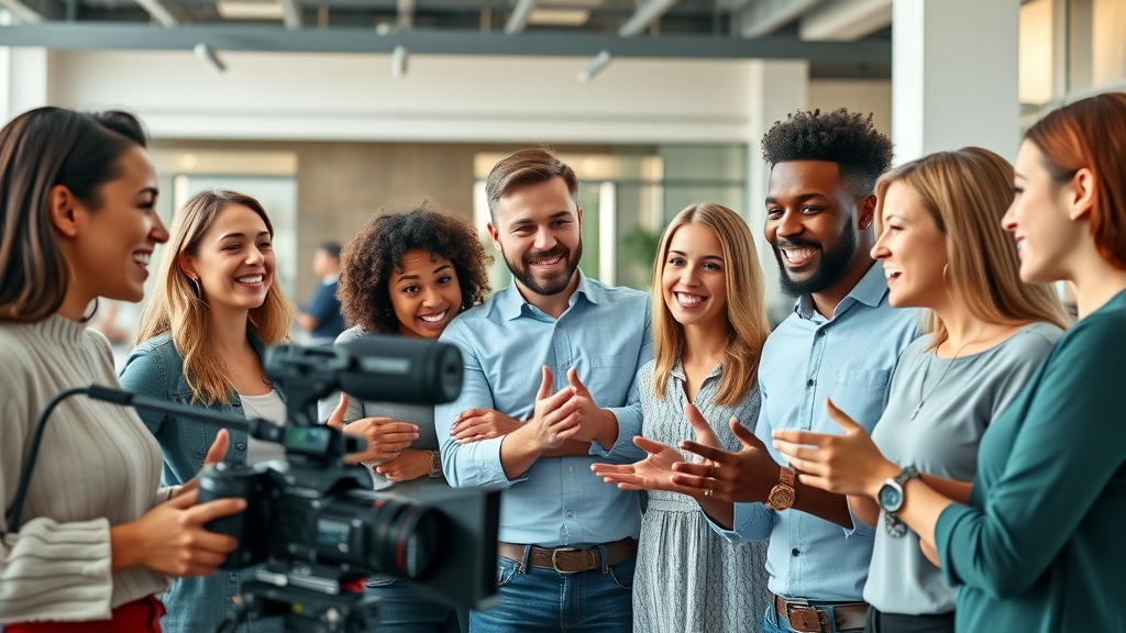 Video content creation brainstorming diverse marketing team collaborating modern office