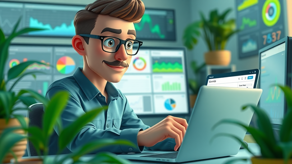 creative marketer reviewing software dashboard for influencer marketing tools on laptop in tech workspace