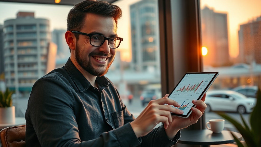 business analyst reviewing local rank tracking graphs on tablet, monitoring local SEO tool performance