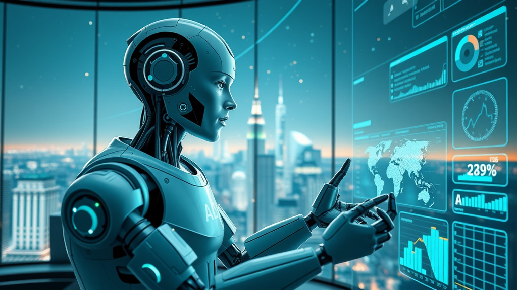 AI-powered marketing automation platform, futuristic robots, data optimization, innovative automation solution