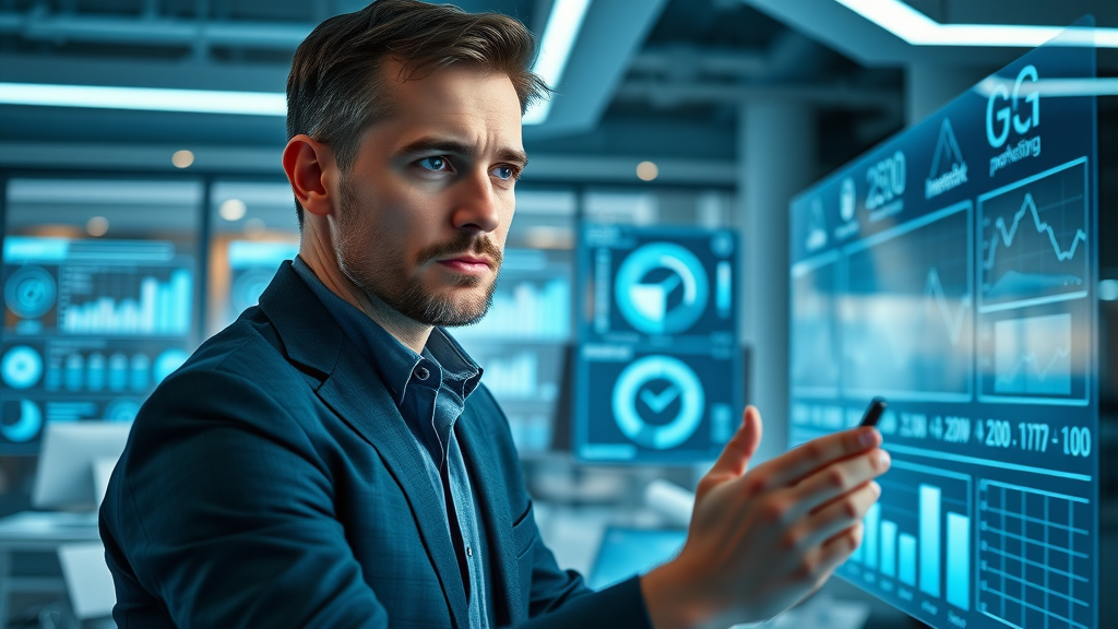 forward-thinking marketer analyzes futuristic content marketing dashboard for lead generation metrics