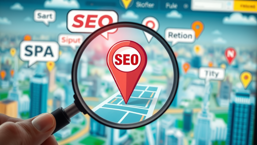 Magnifying glass focusing on local search pinpoint for local link building map and SEO keywords