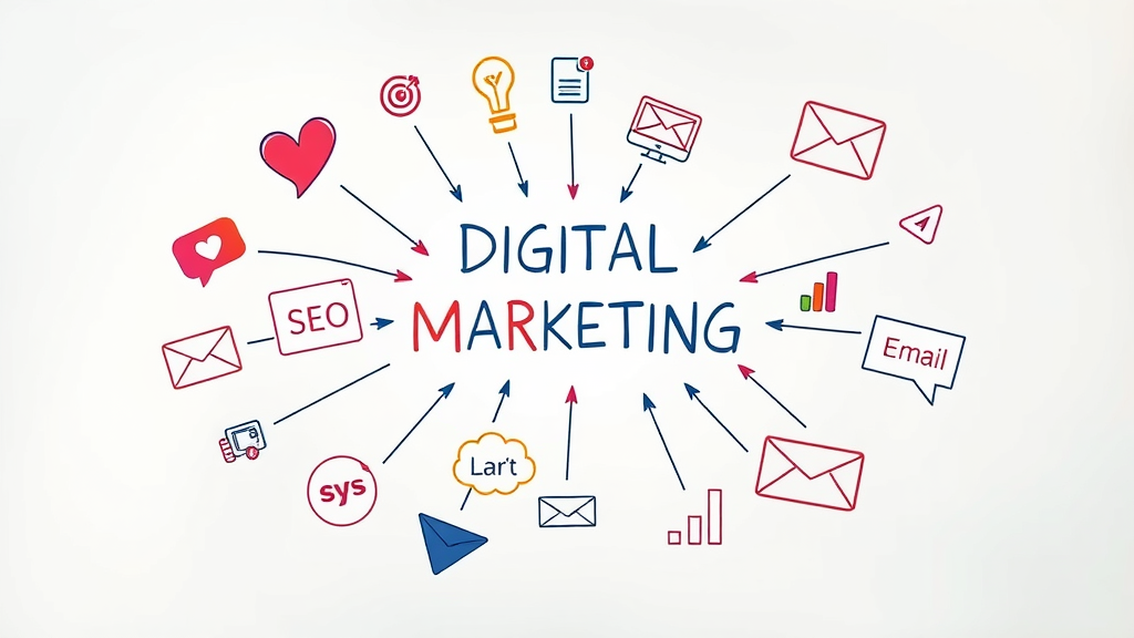 Icons for social media, content marketing, SEO, and email in digital marketing
