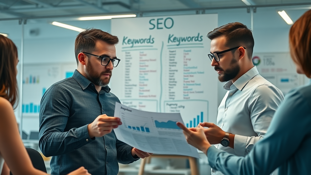 marketing team conducting keyword research for local SEO strategies on graphs and lists in office