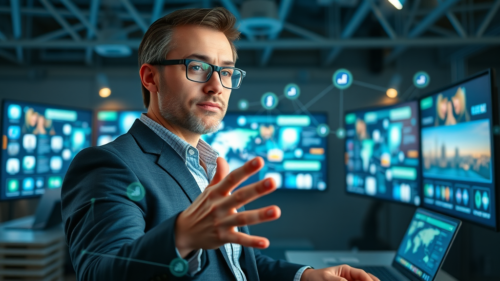 ambitious marketing executive orchestrating an omnichannel media strategy with interconnected digital social media platforms