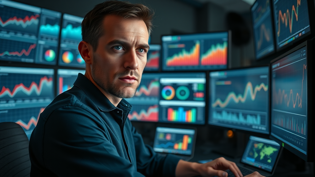 Data-driven marketer analyzing paid ad campaigns with analytics dashboards, glowing screens with metrics