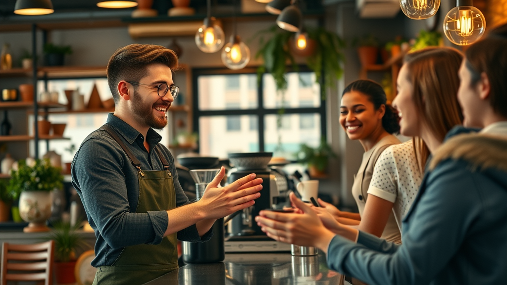 Cheerful local business coffee shop staff engaging with customers at the counter after reading online reviews