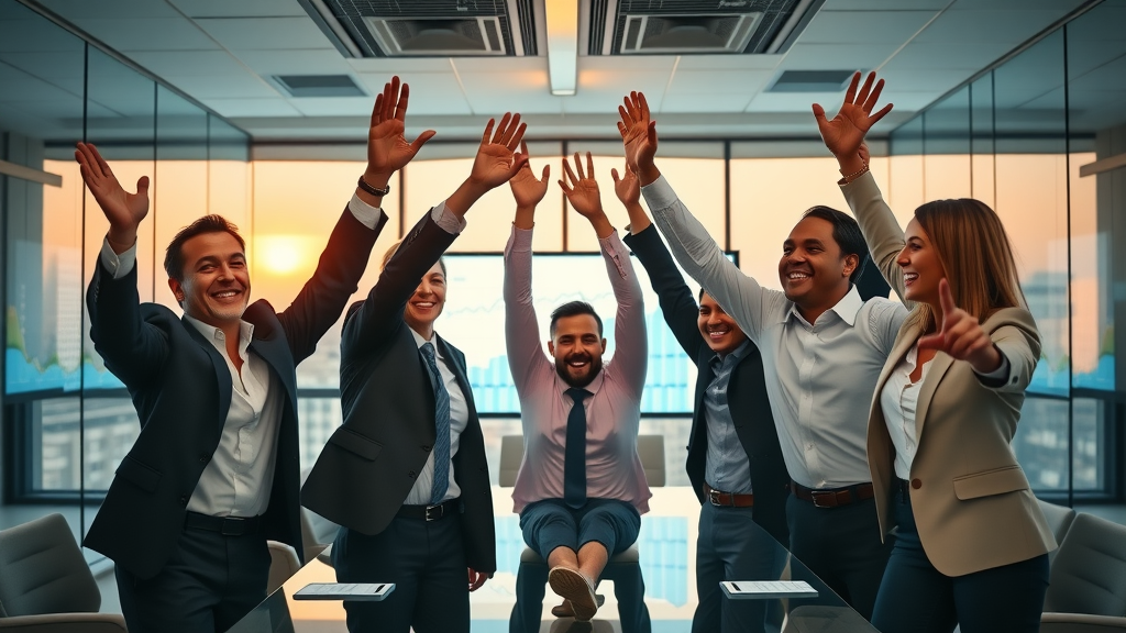Sales team celebrating successful B2B lead generation results in a modern glass boardroom