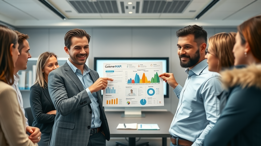 business consultant presenting a customer journey map to a diverse group - customer journey map