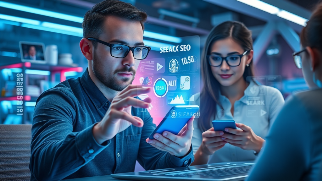 marketers discussing future mobile local SEO trends with digital holograms of local search data