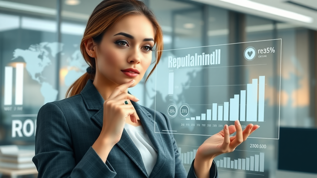 businesswoman analyzing brand reputation metrics for reputation marketing strategy in a modern office, ROI charts, and brand icons