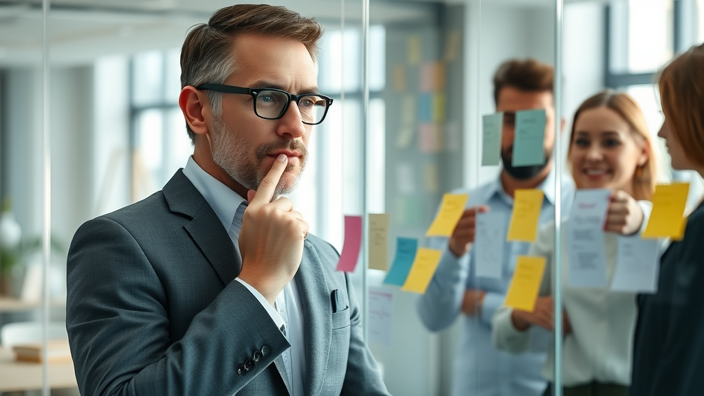 Sales leader audits lead scoring strategy on glass board with sticky notes in modern office