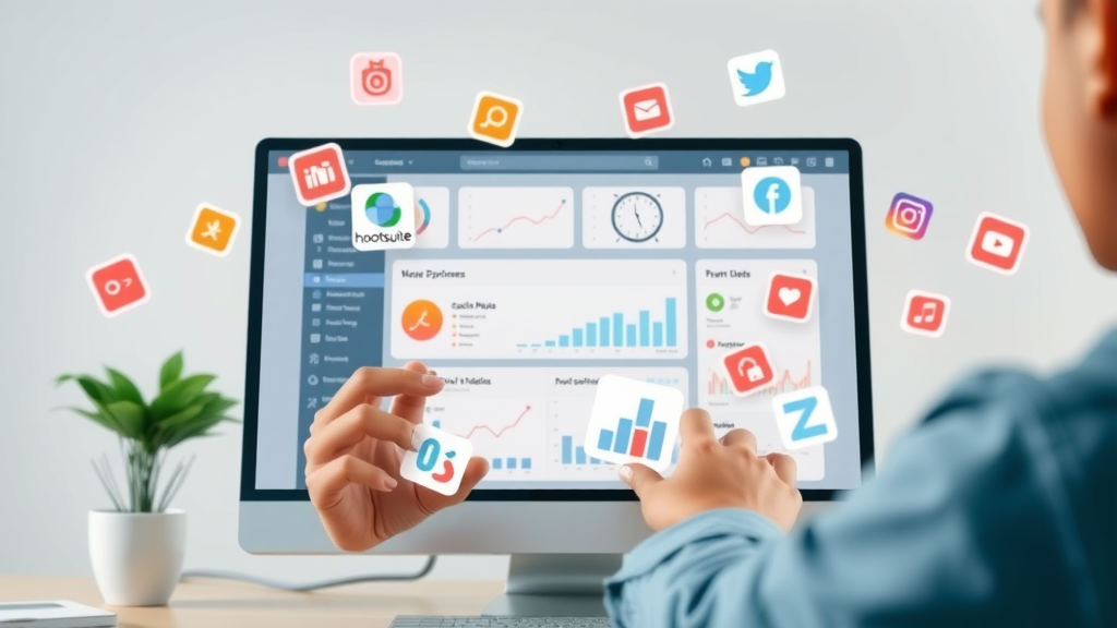 digital marketer organizing social media marketing tools like Hootsuite, Canva, and BuzzSumo