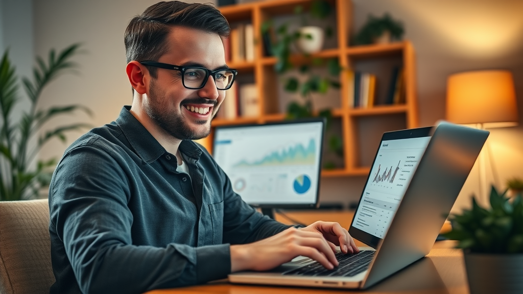 Marketer tracking blog post content marketing metrics on laptop