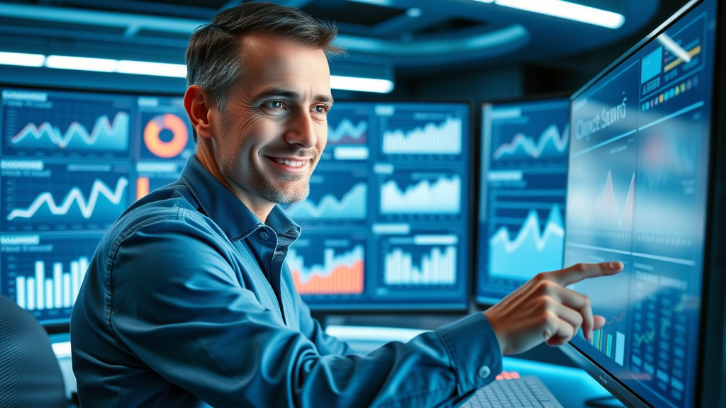 Digital marketer reviewing website analytics dashboard with KPI graphs for inbound marketing success—futuristic control center.