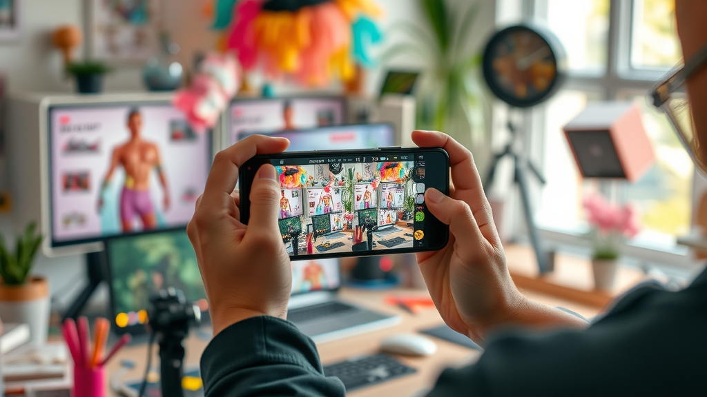 videographer creating multiple video ad formats for social media and mobile-first audiences in a lively, device-rich studio