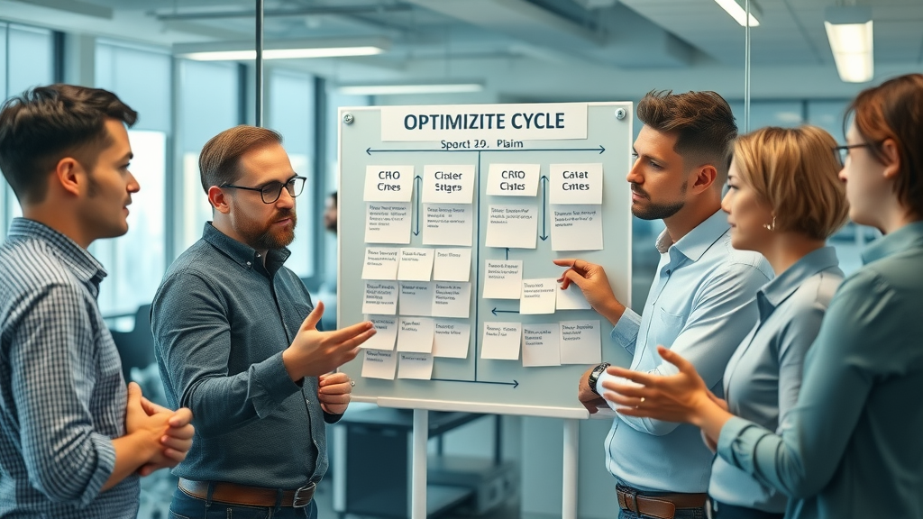 conversion rate optimization process cycle being reviewed by marketing team in modern office