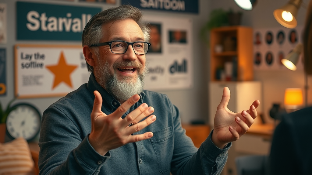 storyteller using expressive gestures to narrate a brand’s story in a cozy studio set, building brand awareness through engaging video marketing