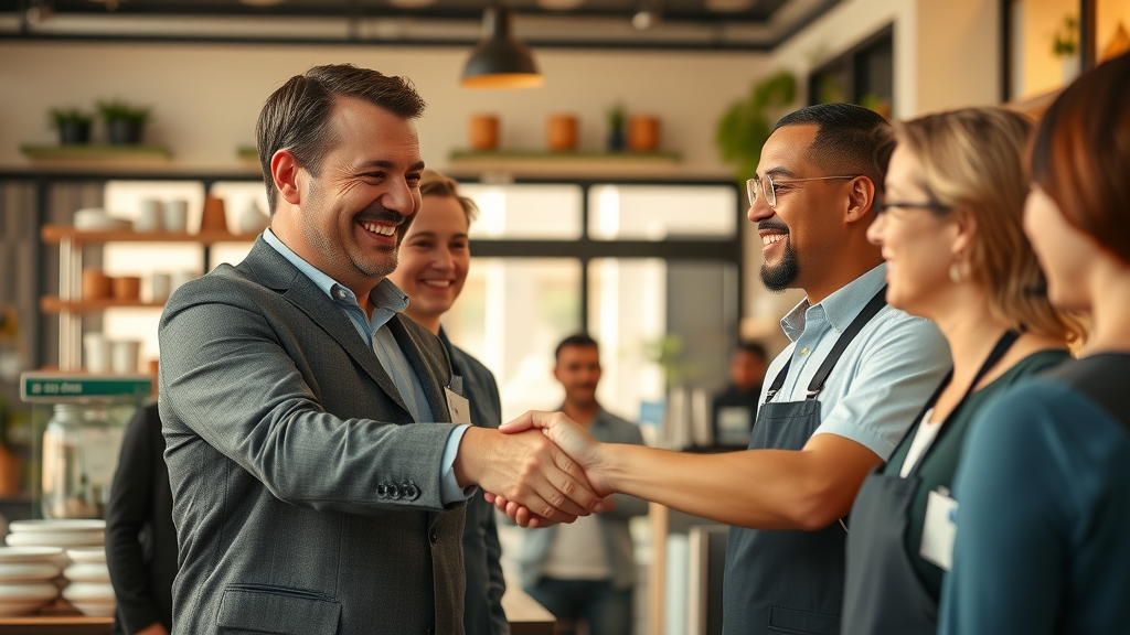 customer loyalty - happy returning customers greeted by company staff in-store