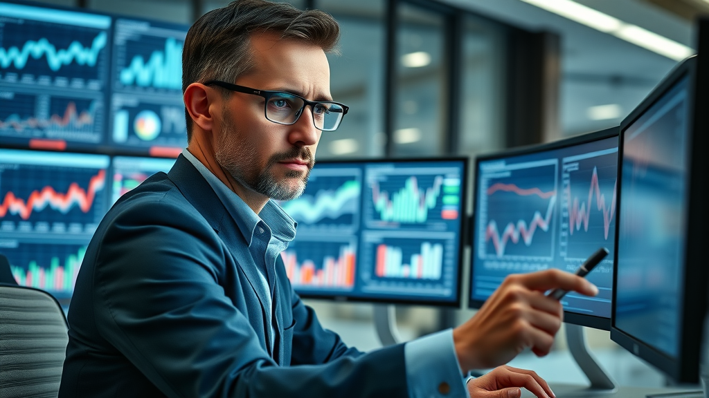 Analyst carefully monitoring digital ad spend and KPIs on multi-monitor workspace, identifying trends in social media advertising spend, financial charts and balanced lighting, corporate office scene