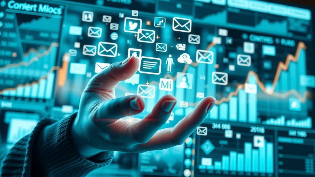 content marketing tools infographic charts morph into blog, email, social media icons, glowing blue-green data charts