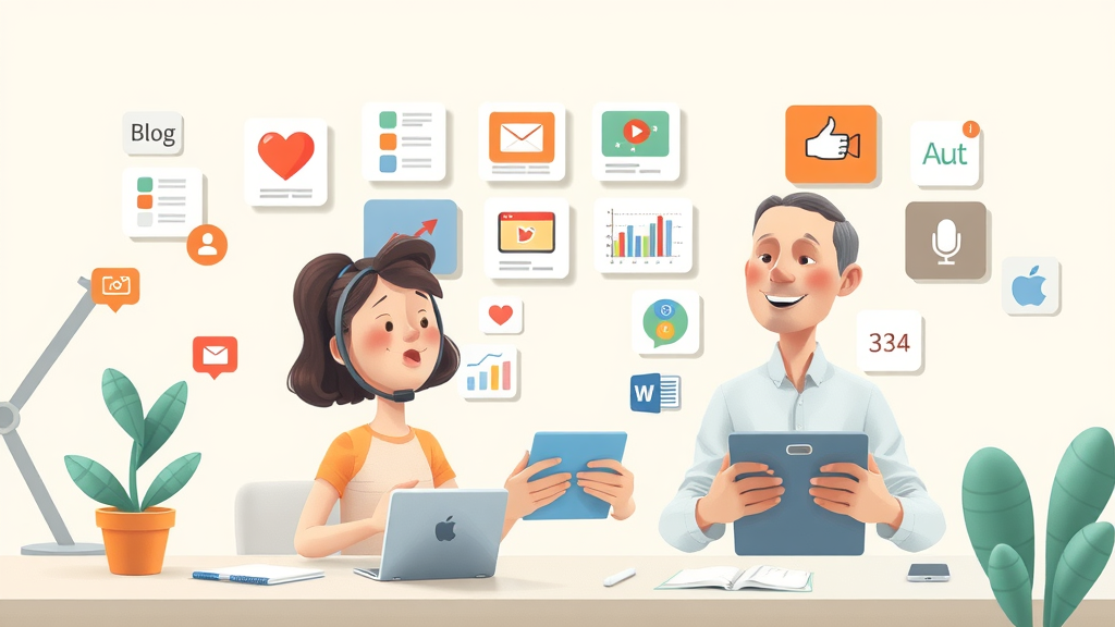 Types of content in content marketing—blogs, videos, infographics, podcasts—illustrated collage