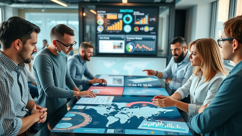 content marketing team brainstorming strategy around digital touch table