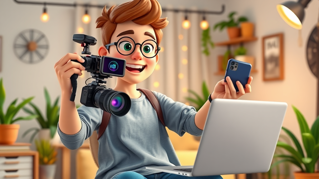 Content creator managing multiple video production and editing tasks at home studio