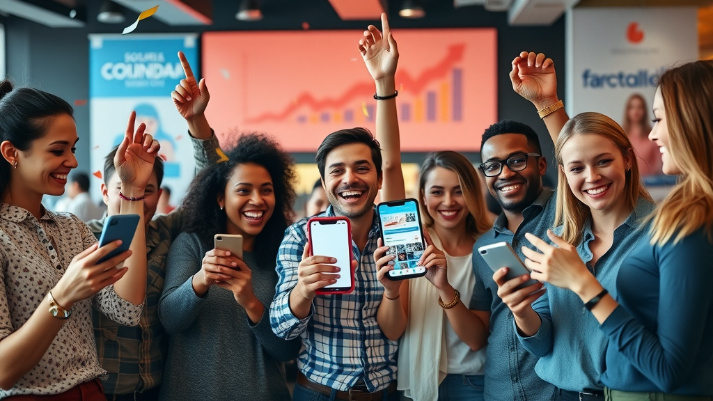 Diverse marketing team celebrating social media content marketing success