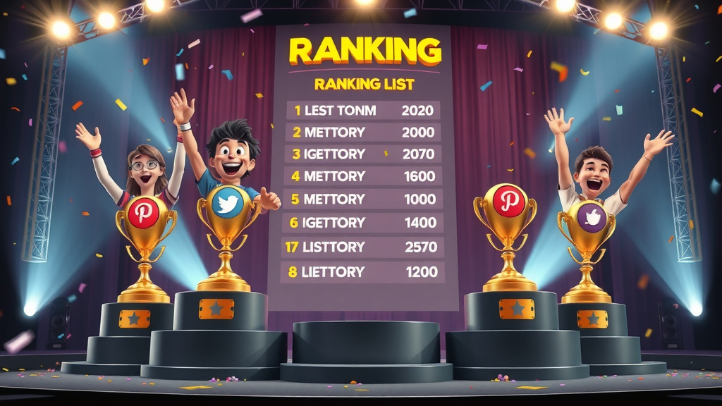 animated social media platform ranking list, icons on trophy podiums, celebratory, colorful