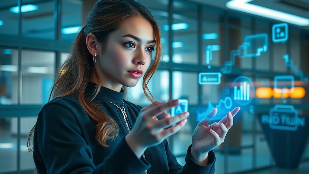 Futuristic content marketing professional using holographic AI assistant in modern office