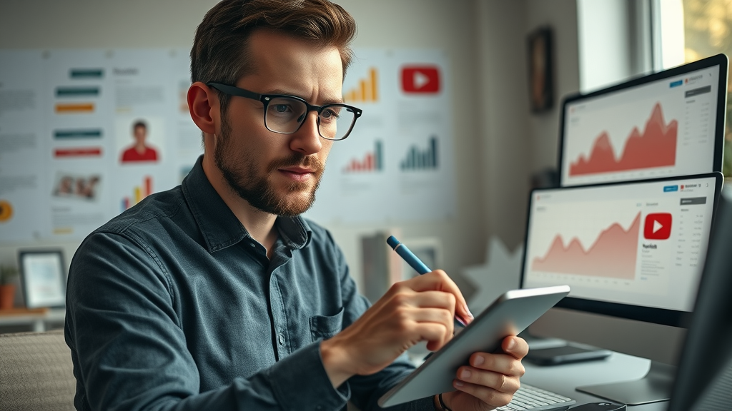 diligent social media strategist, sketching hook ideas on digital tablet, youtube shorts hook, organized workspace, YouTube analytics, arrows and icons swirling