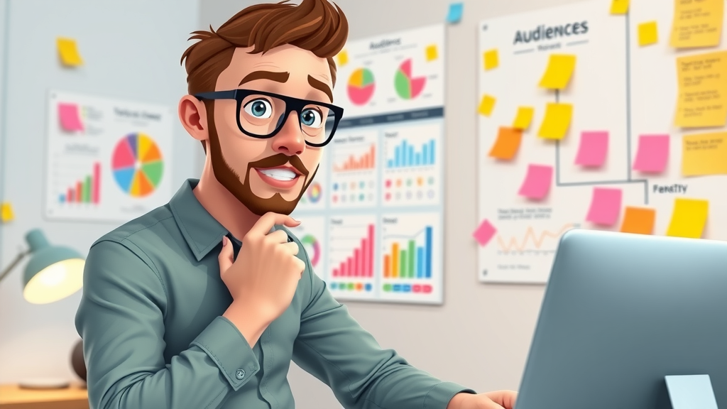 focused digital marketer modelling audience segments, colorful charts, target audience, email marketing for leads